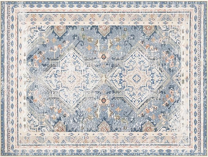 Phantoscope Vintage Collection Area Rug 9'x12' - Large Living Room Rug - Washable Rug Boho Rugs Non-Slip for Bedroom Dining Room, Low-Pile Floor Carpet Distressed Accent Rug, Dusty Blue/Multi