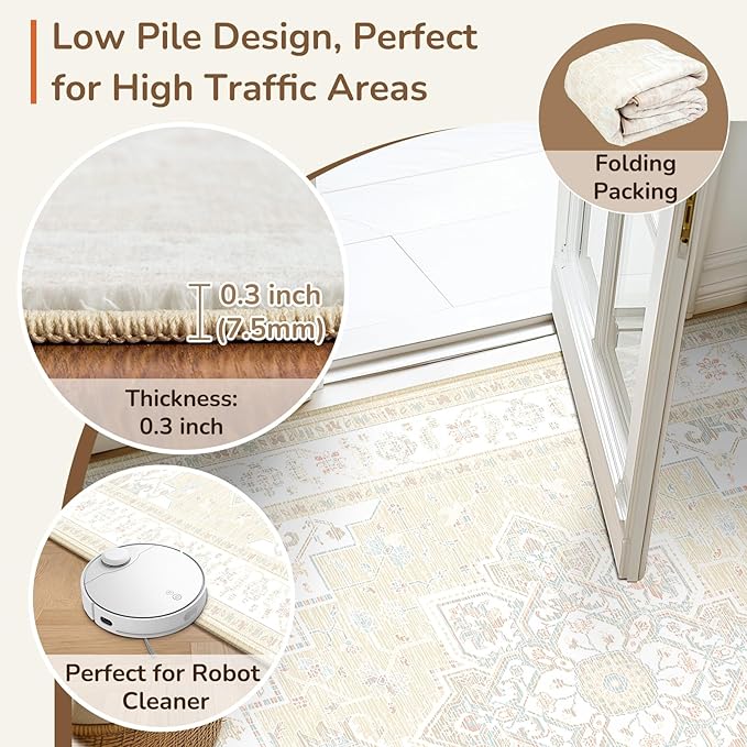 BESTSWEETIE 2x3 Area Rugs for Living Room, Washable Ultra Soft Boho Vintage Print Pattern Rug Non Slip Low Pile Carpet for Dining Room Bedroom Entryway Indoor-Cream/Light Ivory/Beige
