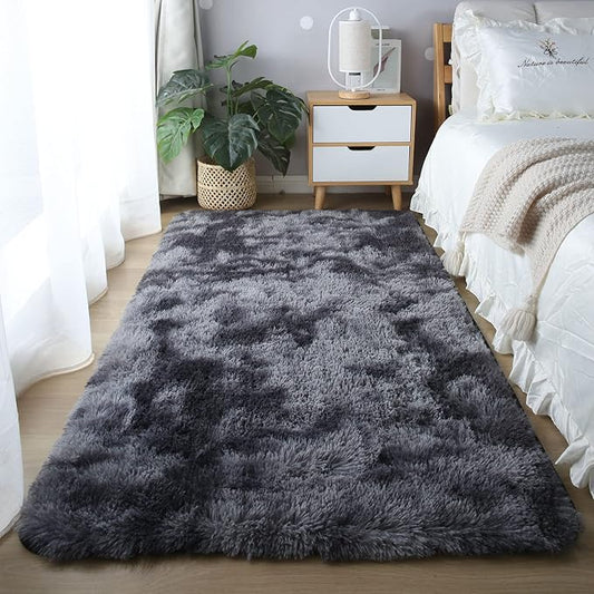 CAIYUECS Grey Shag Area Rug,for Bedroom: Indoor Ultra Soft Plush Rugs for Bedroom Living Room, Non-Skid Modern Nursery Faux Fur Rugs for Kids Room Home Decor (Tie-Dyed Dark Gray, 3x5 Feet)