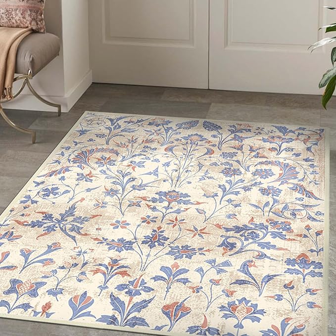 Washable Area Rugs 5'x7' Living Room, Non Slip Floral Vintage Low Pile Large Rugs for Living Room Stain Resistant for TribalBedroom, Farmhouse, Dining Room, Kids Playroom