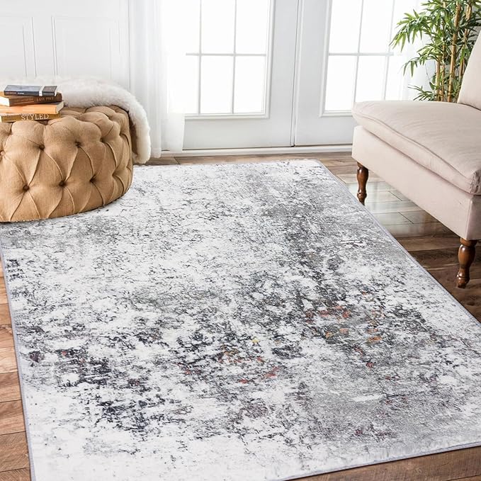 Washable Area Rug Living Room Rugs 5x7 Grey Kitchen Accent Rug Large Soft Abstract Rug Non-Slip Non-Shedding Low-Pile Indoor Floor Carpet for Bedroom Office Dining Room