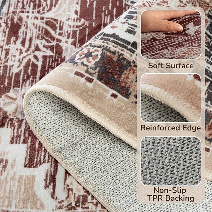 BESTSWEETIE 2x3 Area Rugs for Living Room Washable Non Slip Carpet Low Pile Soft Vintage Print Pattern Rug for Bedroom Dining Room Kitchen Entryway Indoor-Wine/Brown/Brick/Black/Light tan