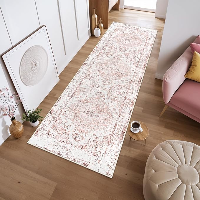 Morebes Vintage Pink Rugs for Bedroom Girls, 2x8 Washable Runner Rug for Hallways Non Slip, Boho Soft Low Pile Indoor Floor Carpet Runner for Living Room Kids Playroom Nursery