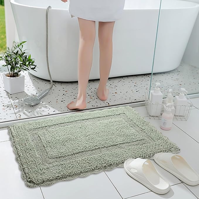 Cotton Crochet Bathmat with Antiskid 17x24 Sage Green, 100% Pure Cotton, Super Soft White, Plush & Absorbent, Hand Tufted Heavy Weight Construction, Full Reversible Step Out Rugs