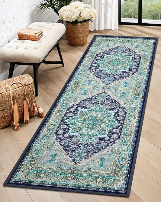 BESTSWEETIE 2x6 Area Rugs for Living Room Washable Non Slip Carpet Low Pile Soft Vintage Print Pattern Rug for Bedroom Dining Room Kitchen Entryway Indoor-Teal/Navy/Green/Yellow