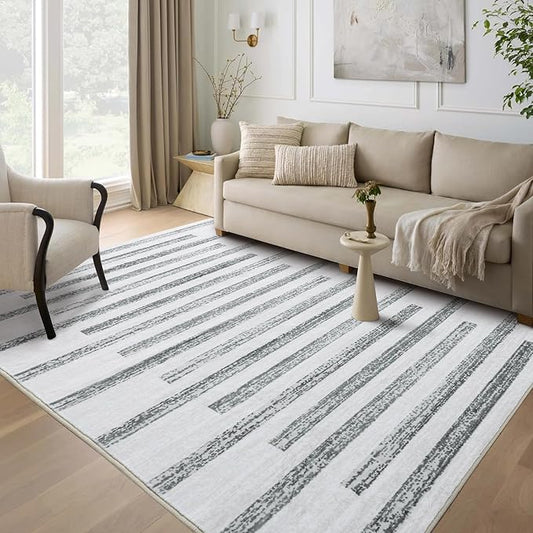 Carvapet Rugs for Living Room Bedroom, Soft Striped Modern Boho Low Pile Large Carpet with Rubber Backing, Foldable, Non Slip Machine Washable (9 x 6 Feet Rectangular, Grey/Green Area Rug)