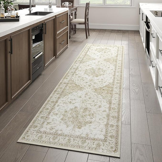 jinchan Kitchen Runner Rug 2x7 Vintage Floral Machine Washable Hallway Rug Non-Slip with Rubber Backing Ultra-Thin Low Pile Carpet Runner for Entryway Bedroom Laundry Room (2x7ft,Taupe)