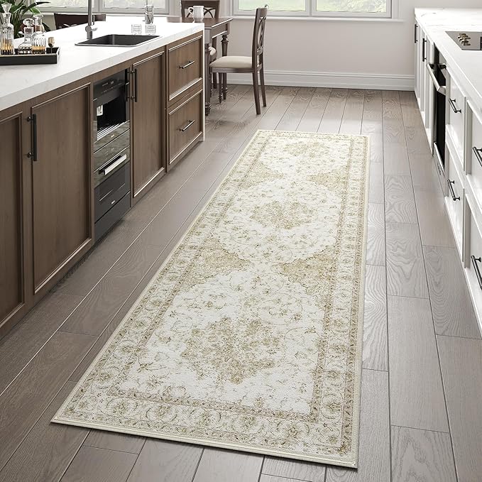 jinchan Kitchen Runner Rug 2x6 Vintage Floral Machine Washable Hallway Rug Non-Slip with Rubber Backing Ultra-Thin Low Pile Carpet Runner for Entryway Bedroom Laundry Room (2x6ft,Taupe)