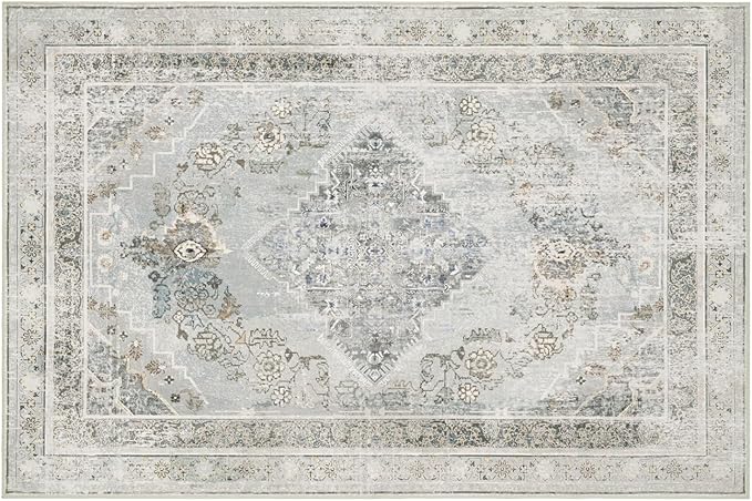 Phantoscope Vintage Collection Area Rug 6'x9' - Large Living Room Rug - Washable Rug Boho Rugs Non-Slip for Bedroom Dining Room, Low-Pile Floor Carpet Distressed Accent R UG, Grey/Dull Teal