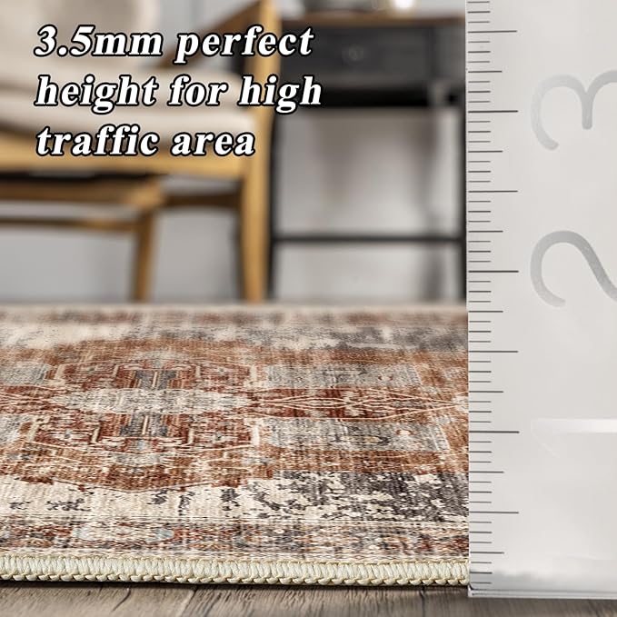 Washable 3x5 Area Rugs - Vintage Area Rug for Living Room Stain Resistant Carpet Low Pile Ultra-Thin Rugs for Bedroom Kitchen entryway with Non Slip Backing Home Decor Small Mat 3X5 Brick