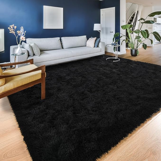 YJ.GWL Area Rugs for Living Room Bedroom, 8x10 Machine Washable Large Black Carpet, Soft Fluffy Shaggy Thick Big Shag Indoor Floor Rug for Kids Boy and Girls Room Dorm Home Decor Aesthetic