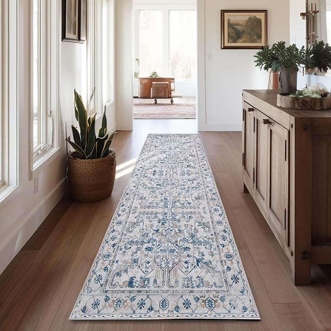 jinchan Runner Rug 2x12 Long Hallway Runner Rug Thin Vintage Washable Kitchen Carpet with Rubber Backing Floral Print Floor Cover Indoor Laundry Room Bedroom Stairway (2x12ft,Blue)