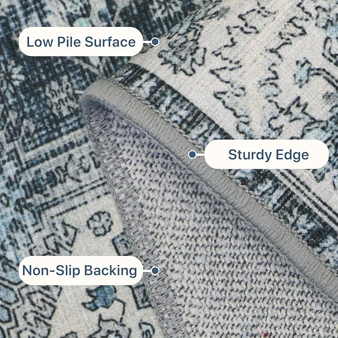 Bavni 3x5 Area Rugs for Living Room, Machine Washable Rug Non Slip, Vintage Chenille Distressed Print Carpet, Large Low Pile Ultra-Thin Lightweight Rugs for Bedroom, Dining Room, Home, Office, Blue