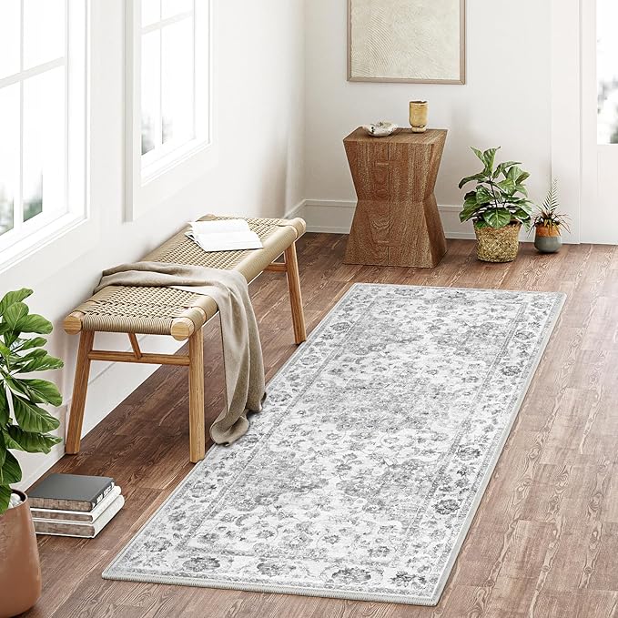 2x5 Washable Neutral Runner Rug Grey Hallway Kitchen Non-Slip Low Pile Floral Carpet Vintage Soft Thin Small Throw Rug for Bathroom Bedroom Entryway Indoor Entrance