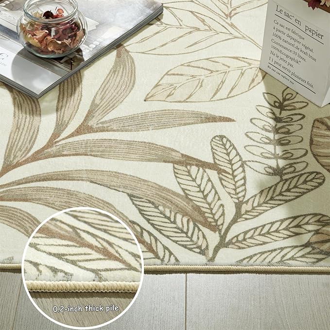 Ultra Thin 3x5 Small Entryway Rugs Indoor Doormat Stain Resistant, Vintage Floral Botanical Plants Throw Area Rugs for Bedroom Kitchen Living Room, Retro Khaki Bathroom Rugs Non Slip