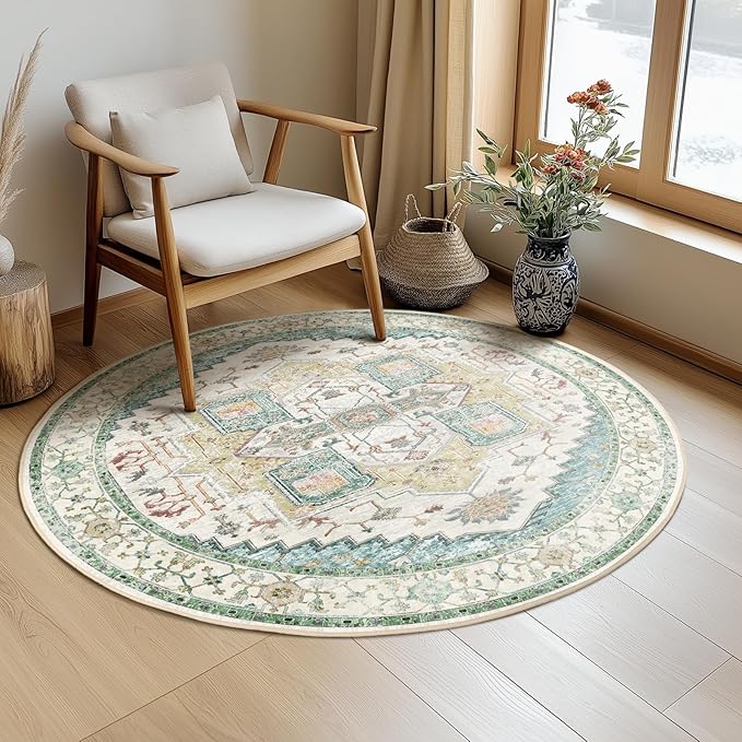 Washable 4ft Area Rugs, Rugs for Living Room, Low-Pile Water&Stain Resistant Carpet Vintage Distressed Printed Non-Slip Carpet for Bedroom Bathroom Kitchen-Grass Green