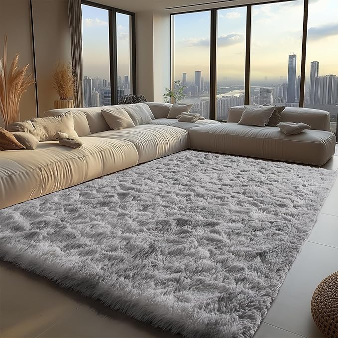 Zentavio Grey and White Area Rugs for Living Room Large Men Room Carpet 6x9 Bedroom Fluffy Furry Shag Aesthetic Plush High Pile Floor Rug for Kids Room Dorm Home Decor Tie-Dyed Grey White