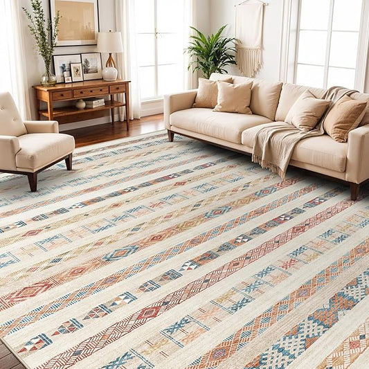 10x14 Washable Area Rug: Moroccan Large Neutral Boho Area Rug for Living Room & Bedroom Geometric Non-Slip Farmhouse Carpet for Living Room Yellow Colourful 10'x14'.