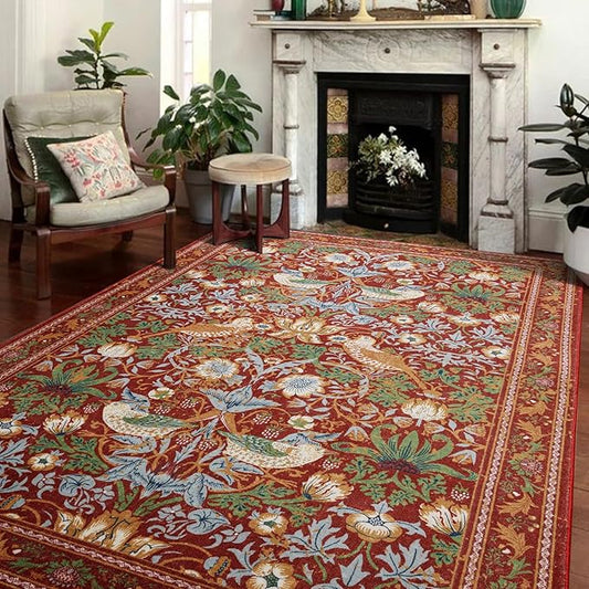 Strawberry Thief Area Rug Rust Red, Ultra Thin 8x10 Washable Carpet, Modern Abstract Art Living Room Rug, Boho Rustic Vintage Floral Botanical Large Rug for Bedroom Kitchen Dining Room Entryway