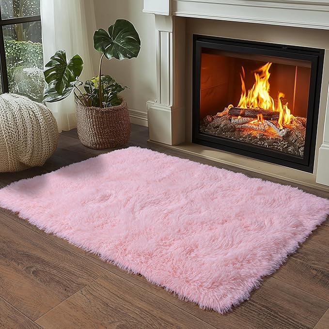 Pink Fluffy Rug for Bedroom 2x3 ft - Ultra Soft & Non Slip Shaggy Area Rug, Comfy Durable Carpet for Living Room Kids Room Teens Dorm Home Decor, 1.7'' Thick Indoor Plush Carpets