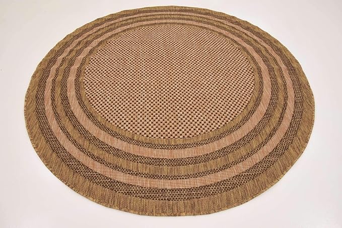Unique Loom Outdoor Border Collection Area Rug - Multi Border (6' Round, Light Brown/ Brown)