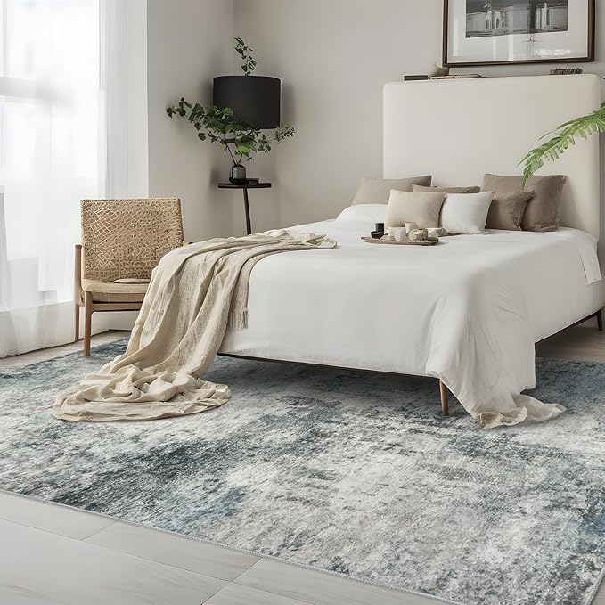 Washable Abstract Area Rug 3x5 - Rugs for Living Room Large Non Slip Indoor Entryway Rubber Backing Carpet Bedroom Kitchen Distressed Stain Resistant Floor Decor Mat Machine Washable 3x5 Blue