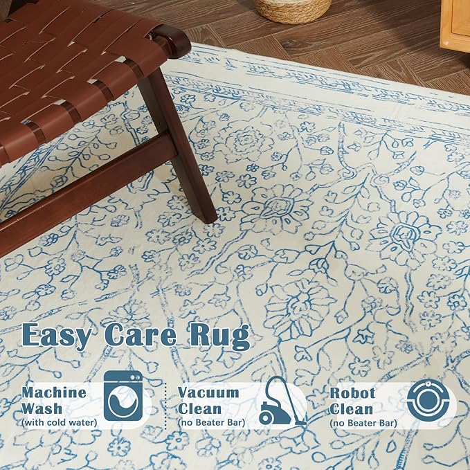 jinchan Hallway Runner Rug 2x5 Washable Kitchen Flora Faux Wool Non-Slip with Rubber Backing Soft Thin Vintage Carpet Runner for Bedroom Bathroom Laundry Room Living Room (2x5ft,Blue)