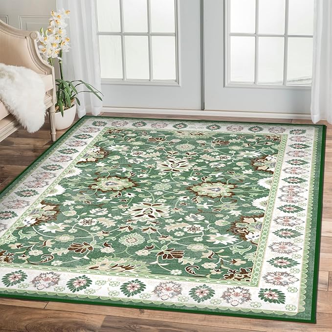 Washable Area Rugs 5'x7' Living Room, Non Slip Floral Vintage Low Pile Large Rugs for Living Room Stain Resistant for TribalBedroom, Farmhouse, Dining Room, Kids Playroom