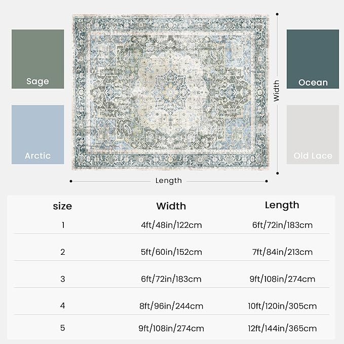 Kokia 8x10 Area Rugs for Living Room, Machine Washable Non Slip Vintage Boho Rugs, Low Pile Distressed Medallion Print Rug for Bedroom, Dining Room Blue 8 x 10