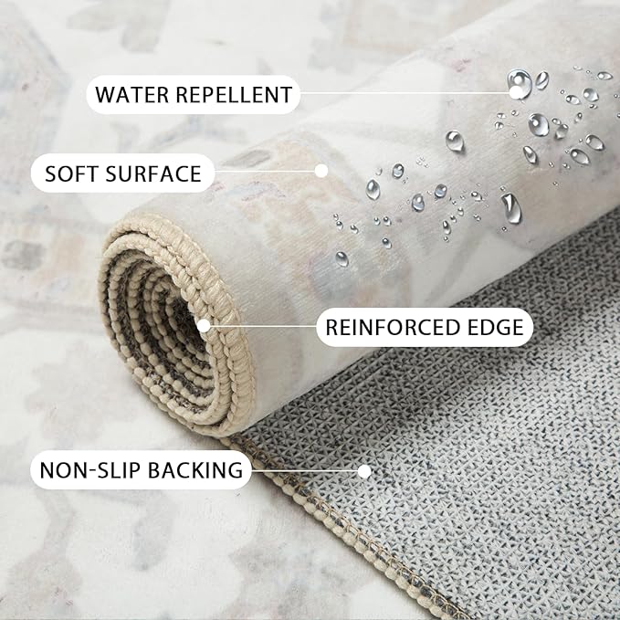 Washable 2x10 Area Rugs, Rugs for Living Room, Low-Pile Water&Stain Resistant Carpet Vintage Distressed Printed Non-Slip Carpet for Bedroom Bathroom Kitchen-Cream White