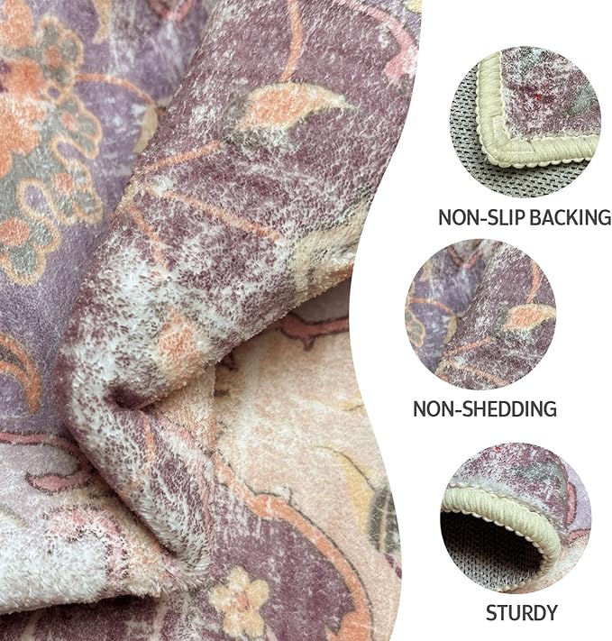Washable Boho Vintage Area Rugs 5×7 Non-Slip Traditional Mauve Purple Carpet for Nursery Living Room Bedroom Dining Room Girls' Room