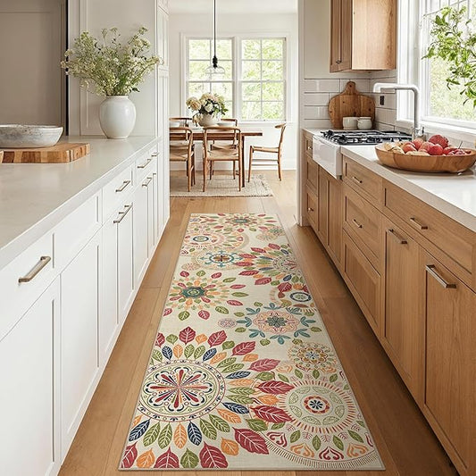 Bavni 2x7 Hallway Runner, Floral Washable Runner Rug, Ultra Thin Bathroom Rug Runner Non Slip Rubberback, Stain Resistant Rugs for Bedroom, Laundry Room, Beige Red