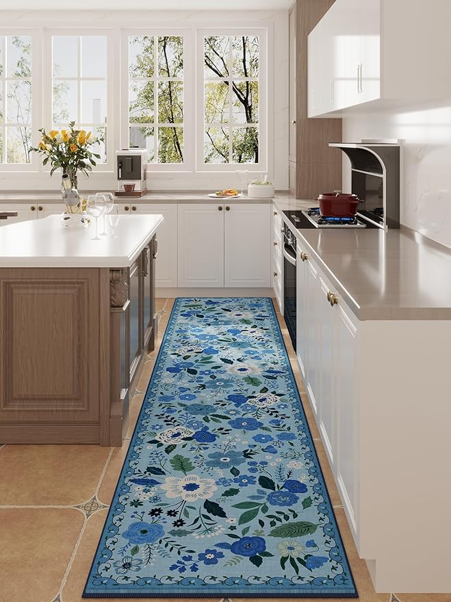 Runners for Hallways Kitchen Rug Non Slip 2'x 10' Long Washable Runner Rugs with Rubber Backing Soft Floral Carpet Runner for Hallways, Kitchen, Laundry, Bedroom, Bathroom(Blue)
