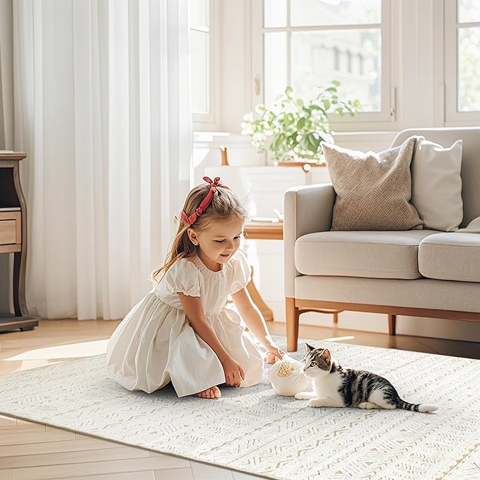 RYB HOME 2x6 Boho Washable Jacquard Runner Rug for Hallway, Non Slip 3D Textured Geometric Jacquard Carpet for Bedroom, None Shedding Area Rug for Kitchen Bathroom Hallway, Beige