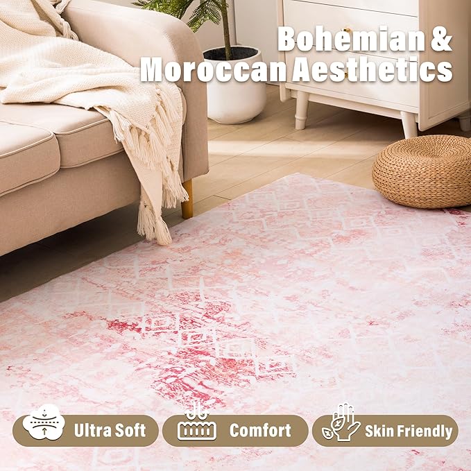 Carvapet Boho Rugs for Living Room, Moroccan Pink Low Pile Small Carpet with Rubber Backing, Foldable, Non Slip Machine Washable (5 x 3 Feet Rectangular, Pink Area Rug)