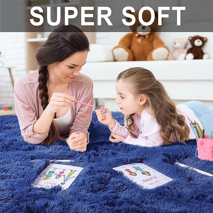 RUGTUDER 5x8 Navy Blue Shag Area Rug for Living Room, Super Soft Shaggy Rugs for Christmas Decor, Boys Playroom, Nursery Room, Upgrade Anti-Skid Plush Indoor Bedroom Floor Carpet