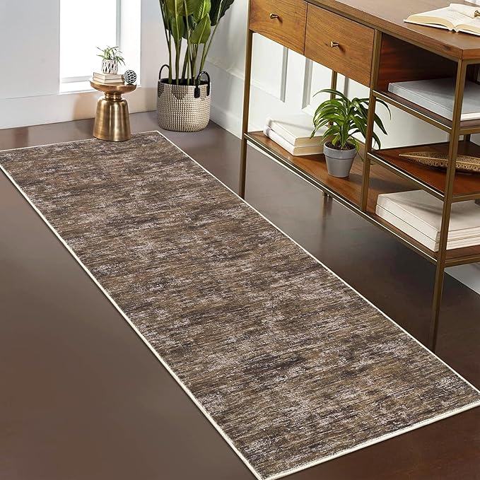 2x6 Runner Rug Washable Kitchen Runner Rug Modern Abstract Runner Mat for Hallway Contemporary Solid Rug Non-Slip Foldable Aesthetic Accent Floor Carpet for Living Room Bedroom, Brown