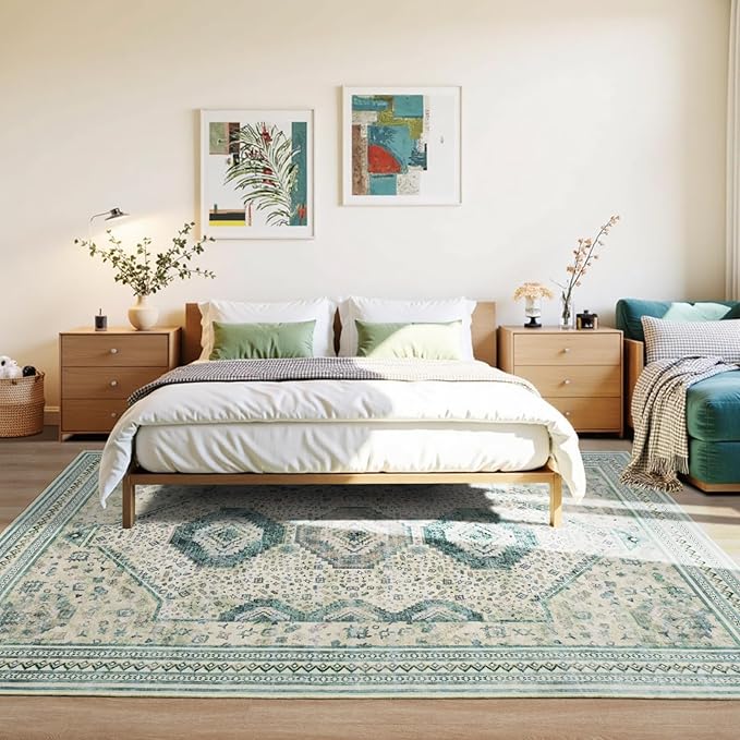 Maxsoft 5X8 Area Rug,Vintage Machine Washable Rugs for Living Room, Soft Non-Slip Low Pile Rug, Stain Resistant Rugs for Kitchen, Bedroom, Dining Room,Laundry Room,Nursery (Light Green)