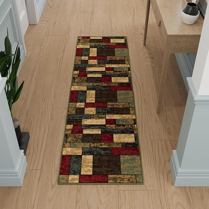 Ottomanson Hallway Runner Rug 1'10" x 7' Non Slip Boxes Area Rugs Easy to Clean Laundry Rug Runner Durable & Pet Friendly Floor Carpet Runners for Hallways Entryway Living Room Kitchen, Multicolor