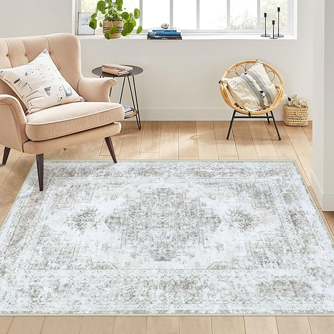 Vintage Medallion Distressed Throw Rug, 3x5, Taupe - Machine Washable, Non-Slip, Soft Low Pile for Bedroom, Bathroom, Kitchen, Entryway & Hallway