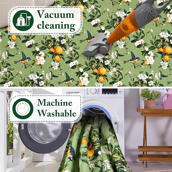 ASPMIZ Sage Green Area Rug, Vintage Floral 3x5 Rug Washable Non Slip, Lemon Hummingbird Rugs for Living Room, Foldable Low Pile Soft Throw Rug Carpet for Bedroom Kitchen Dining Room Nursery Office