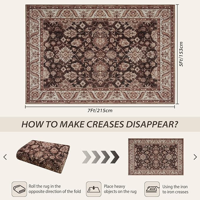 Area Rugs for Living Room, Washable 5x7 Area Rug for Bedroom, Retro Floral Non-Slip Carpet for Nursery Home Office Dining Room Kitchen, Brownish Red