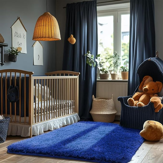 Zentavio Rugs for Boys Room Blue 3x5 Area Rugs for Living Room Small Navy Carpet for Bedroom Washable Soft Fluffy Shag Aesthetic Plush High Pile Throw Rug for Nursery Kids Room Dorm Room
