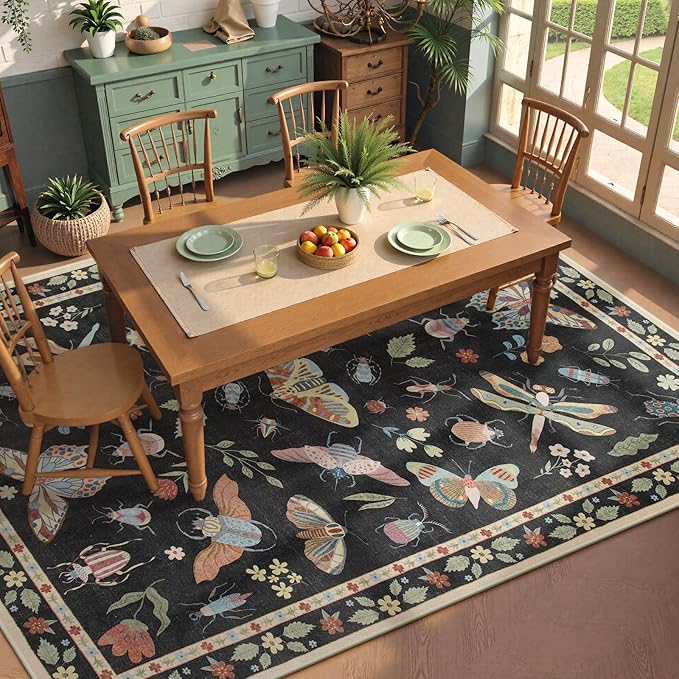 Beeiva Insect Print Rug 8x10, Washable Throw Rugs for Bedroom Under Bed, Boho Non Slip Low Pile Ultra Thin Foldable Large Carpet for Office, Kids Room, Playroom, Living Room - Black