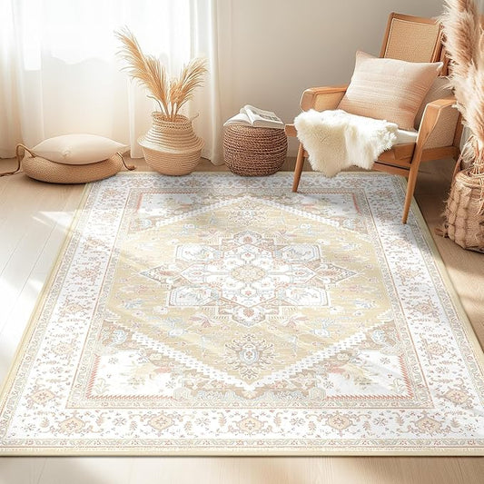 BESTSWEETIE 4x6 Area Rugs for Living Room Washable Non Slip Carpet Low Pile Soft Vintage Print Pattern Rug for Bedroom Dining Room Kitchen Entryway Indoor-Cream/Light Yellow/Brown/Blue/Red/Pink
