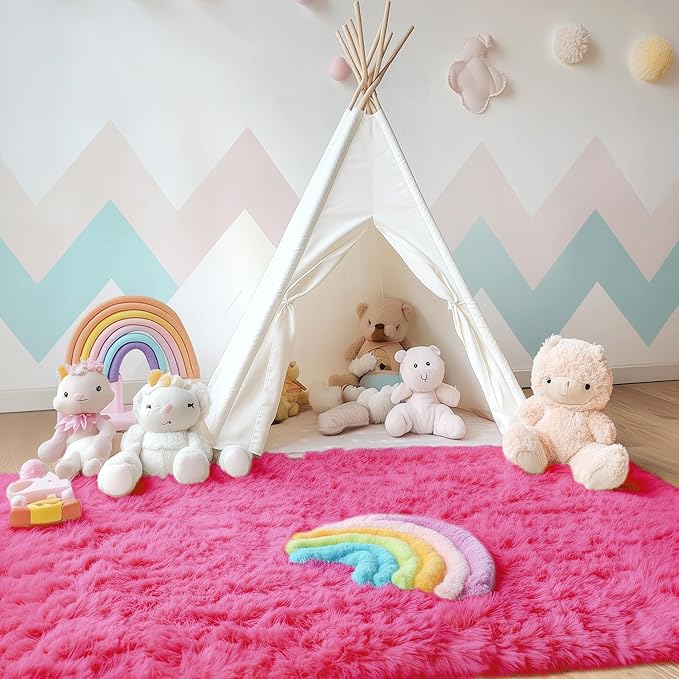 OLANLY Area Rugs for Living Room Bedroom, Machine Washable 4x5.9 Feet Soft Fluffy Shaggy Bedside Rug, Indoor Floor Carpet for Kids Girls and Boys, Dorms, Nursery Rooms, Home Decor Aesthetic, Hot Pink