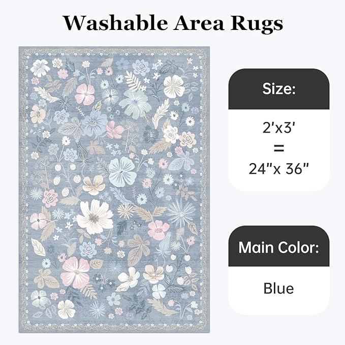 Washable Rugs 2x3 Throw Rugs for Entryway Non Slip Stain Resistant Doormat Light Blue Low Pile Faux Fur Farmhouse Boho Floral Area Rugs for Front Door Kitchen Bed Bedside Pet Home Decor