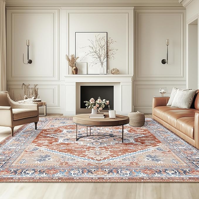 BESTSWEETIE 6x9 Area Rugs for Living Room Washable Non Slip Carpet Low Pile Soft Vintage Print Pattern Rug for Bedroom Dining Room Kitchen Entryway Indoor-Brick/Blue/Light Ivory