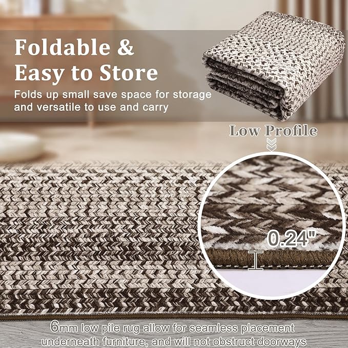 Imitation Braided Collection-Print Modern Area Rug 5x7 Washable Rug Non Slip Non Shedding Farmhouse Floor Cover, Ultra-Thin Foldable Carpet for Bedroom, Living Room Dining Room