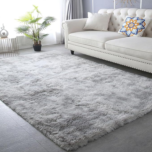 CAIYUECS Shag Area Rug,Indoor Ultra Soft Plush Rugs for Bedroom Living Room, Non-Skid Modern Nursery Faux Fur Rugs for Kids Room Home Decor (Tie-Dyed Light Gray, 4x6 Feet)
